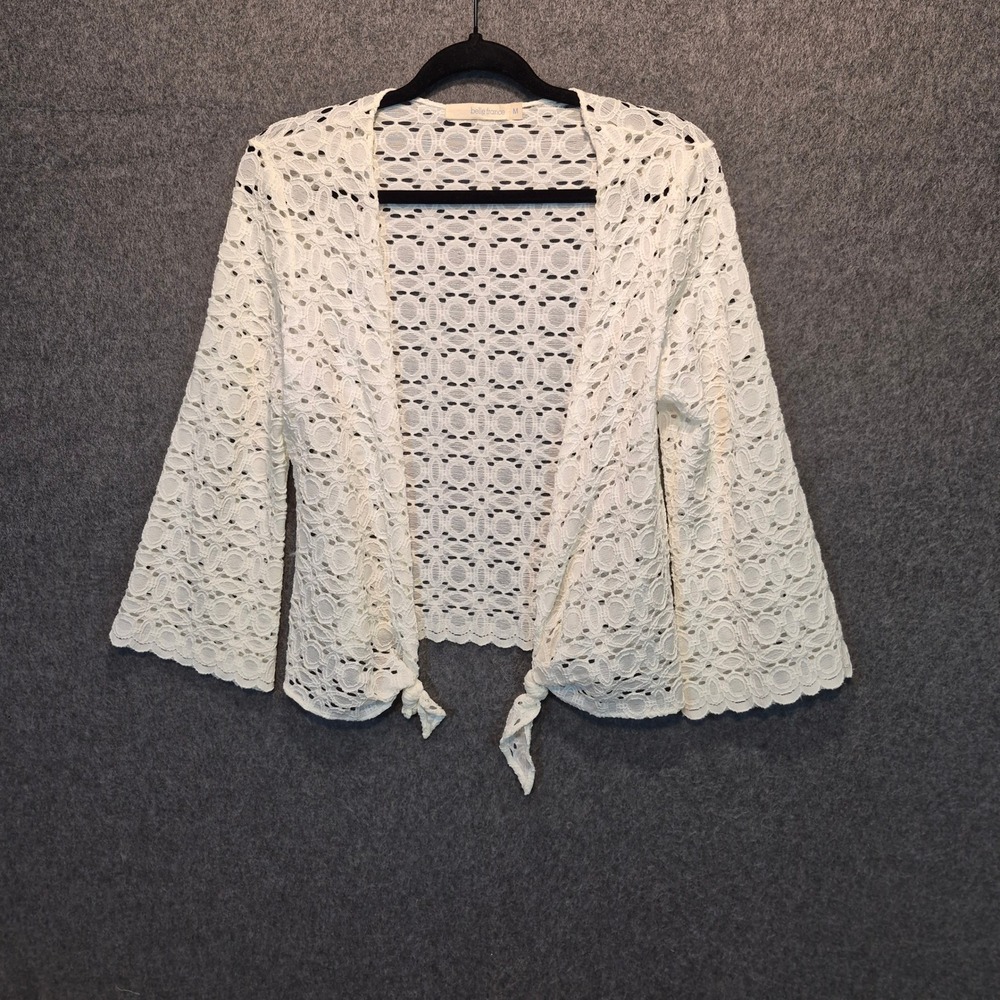Belle France Med Lace Tie Front 3/4 Bell Sleeve Cardigan Boho Cottage Whimsical